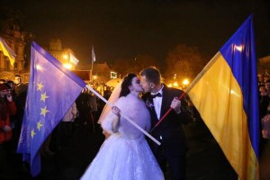 In Lviv, the largest city in Western Ukraine, this couple went from their wedding on Sunday to the pro-Europe demonstration. On Monday, 10,000 University students went on strike in Lviv, which is a one hour drive from Poland.