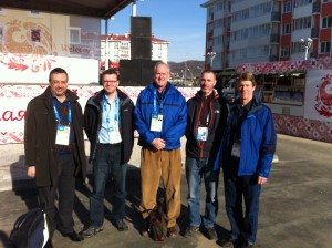 No complainers here. VOA Sochi team enjoys the February sunshine. From left, Misha Gutkin, Jon Spier, James Brooke, Mike Eckels, Parke Brewer.