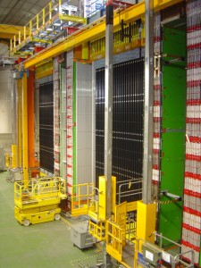 View of the OPERA detector (on the CNGS facility) with its two identical Super Modules, each one containing one target section and one spectrometer (Photo: CERN)
