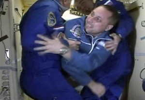Russian Anton Shkaplerov celebrating as he is greeted by other members of the International Space Station (ISS) crew  (AP Photo/NASA TV)
