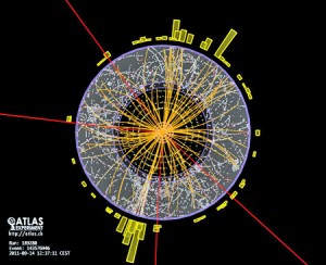 An event with four identified muons from a proton-proton collision in ATLAS. This event is consistent with coming from two Z particles decaying: both Z particles decay to two muons each. Such events are produced by Standard Model processes without Higgs particles. They are also a possible signature for Higgs particle production, but many events must be analysed together in order to tell if there is a Higgs signal. This view is a zoom into the central part of the detector. The four muons are picked out as red tracks. Other tracks and deposits of energy in the calorimeters are shown in yellow. (Photo: ATLAS Collaboration)