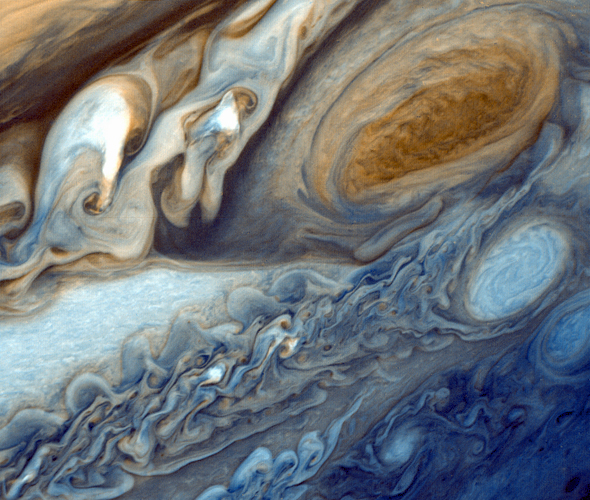 Close-up of swirling clouds around Jupiter's Great Red Spot (Photo: NASA/JPL)