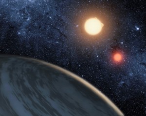 This artist's concept illustrates Kepler-16b, a circumbinary planet. The planet, which can be seen in the foreground, was discovered by NASA's Kepler mission. (Image: NASA/JPL-Caltech/T. Pyle)