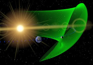 This artist's concept illustrates the first known Earth Trojan asteroid, discovered by NEOWISE, the asteroid-hunting portion of NASA's WISE mission. The asteroid is shown in gray and its extreme orbit is shown in green. Earth's orbit around the sun is indicated by blue dots. (Image: Paul Wiegert, University of Western Ontario, Canada)