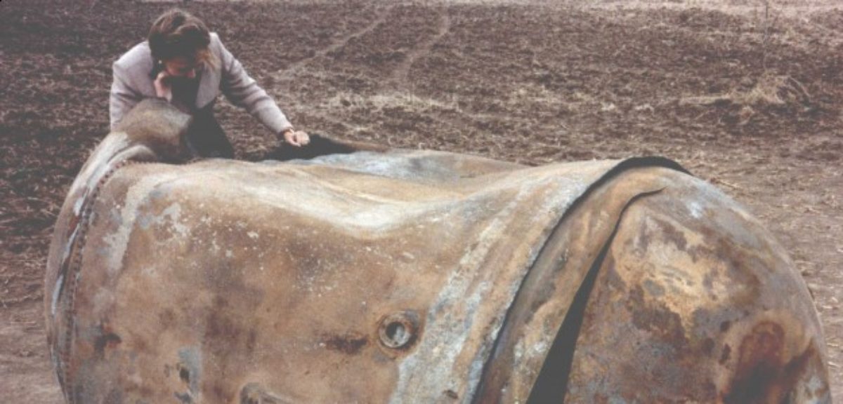 Delta 2nd Stage Stainless Steel Cylindrical Propellant Tank; landed in Georgetown, TX (Photo: NASA Orbital Debris Program Office)