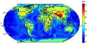 This map shows the global Mohorovičić discontinuity – known as Moho – based on data from the European Space Agency's GOCE satellite. (Image: ESA/GEMMA project)