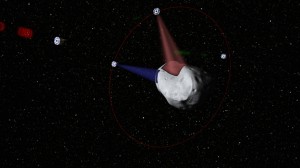 This computer-generated image shows a conceptual rendering of satellites prospecting a water-rich, near-Earth asteroid. - Click for large image - (AP Photo/Planetary Resources)