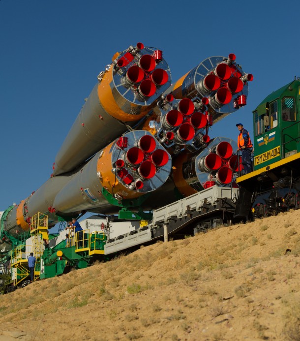 The Soyuz TMA-05M spacecraft is rolled out by train on its way to the launch pad at the Baikonur Cosmodrome in Kazakhstan July 12, 2012. This spacecraft, launched July 15 took astronauts to the International Space Station (Photo:NASA/Carla Cioffi)