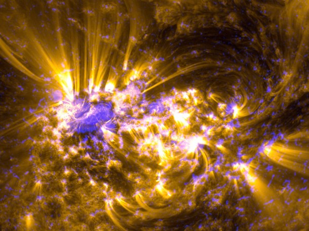 This image combines two sets of observations of the sun on from the Solar Dynamics Observatory (SD) on July 12, 2012 to give an impression of what the sun looked like shortly before it unleashed an X-class flare (Photo: NASA)