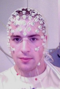 Man wired up with electrodes for EEG monitoring (Photo: Douglas Myers via Wikimedia Commons)