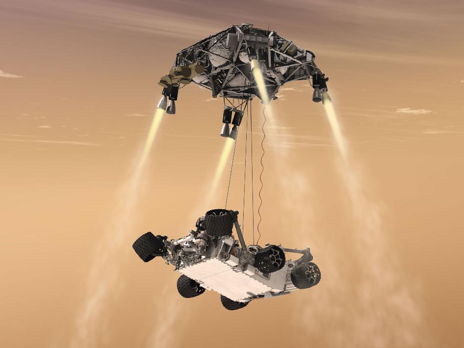 This artist's concept shows the sky crane maneuver during the descent of NASA's Curiosity rover to the Martian surface. (Image: NASA/JPL-Caltech)