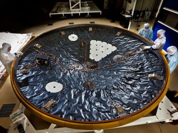 The heat shield for NASA's Mars Science Laboratory is being prepared at Lockaheed Martin Space Systems, Denver. It's the largest ever built for a planetary mission. (Photo: NASA/JPL-Caltech/Lockheed Martin)