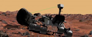 Artist's conception of Curiosity using the rover's ChemCam instrument to identify the chemical composition of a rock sample on the surface of Mars. (Image: NASA/JPL-Caltech)