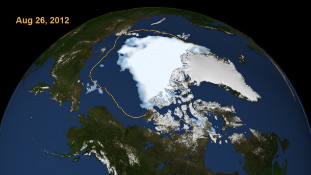 This visualization shows the extent of Arctic sea ice on Aug. 26, 2012, the day the sea ice dipped to its smallest extent ever recorded in more than three decades of satellite measurements, according to scientists from NASA and the National Snow and Ice Data Center. (Image: NASA)