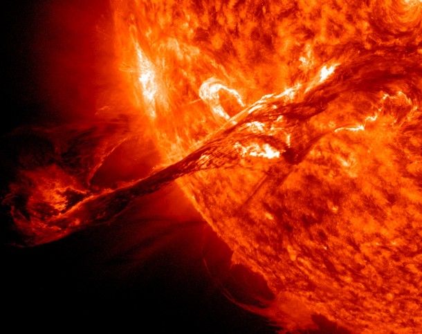 NASA's Solar Dynamics Observatory (SDO) recently caught this spectacular coronal mass ejection (CME).  The sun spat out a more than 804,672 km long filament of solar material that had been hovering in the sun's corona.  The CME did not travel directly toward Earth,, but did connect with Earth's magnetic environment, or magnetosphere, with a glancing blow leaving beautiful auroras in its wake.  (Photo: NASA)