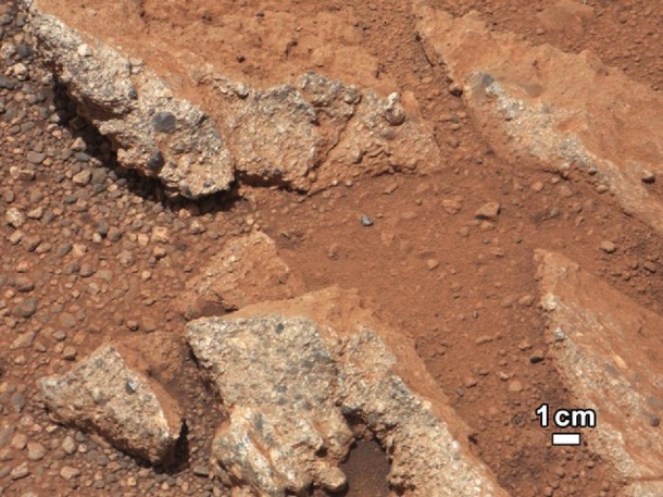 The Curiosity rover may found evidence of an ancient stream bed when it took this picture of a Martian rock outcrop called Link.  The outcrop has characteristics that are consistent with a rock that was formed by the water deposits and transport. (Photo: NASA/JPL-Caltech/MSSS)
