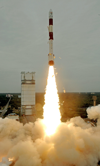 India's Polar Satellite Launch Vehicle PSLV C-21 lifts off, Sunday 09/09/12, from a launch pad in southern India. The launch marked the 100th mission for the Indian Space Research Organization. (Photo: ISRO) 