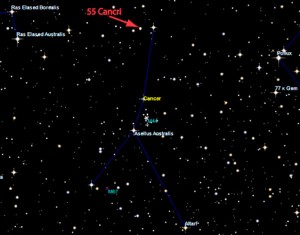 Star map showing the planet-hosting star 55 Cancri in the constellation of Cancer. The star is visible to the naked eye, though better through binoculars. (Image:Nikku Madhusudhan using Sky Map Online)