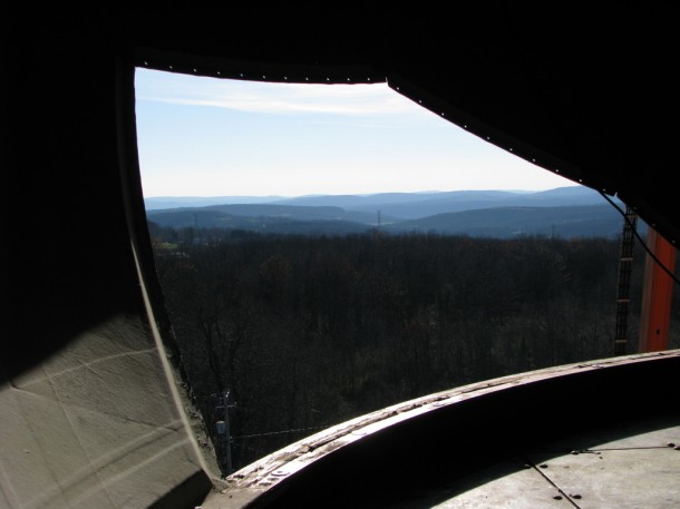 This is a view of the country side in Binghamton, NY as seen from inside a US National Weather Service radar radome (which protects radar components from the elements).  The weather radar was recently taken offline so that repairs could be made.  (Photo: NOAA/NWS)