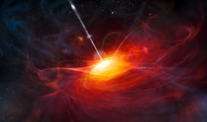 Artist’s impression of a very distant quasar powered by a black hole with a mass two billion times that of the Sun. (Image: ESO/M. Kornmesser via Wikimedia Commons)