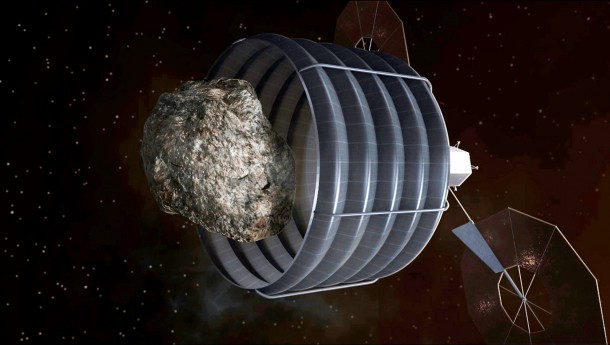 Artist's concept of a solar-electric-powered spacecraft that will be designed to capture a small near-Earth asteroid and relocate it safely close to the Earth-moon system so astronauts can explore it. (NASA)