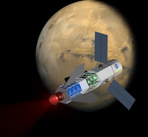 A concept image of a spacecraft powered by a fusion-driven rocket. Solar panels mounted on the sides would collect energy to initiate the process that creates fusion. (University of Washington, MSNW)