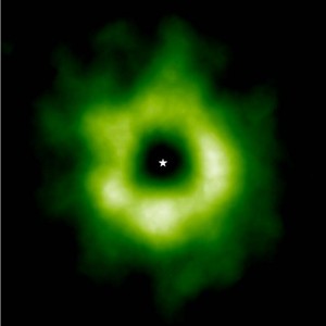ALMA image of the region where snow made of carbon monoxide (CO) has formed around the star TW Hydrae (center). (Karin Oberg, Harvard University/University of Virginia)