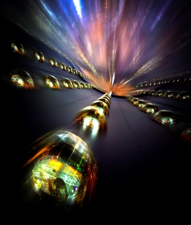 Sensitive photomultiplier tubes line a detector used by the Daya Bay Reactor Neutrino Experiment in China. The tubes are designed to amplify and record the faint flashes that signify an antineutrino interaction. (Roy Kaltschmidt, Lawrence Berkeley National Laboratory)