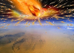 An artist’s rendition of a comet exploding in Earth’s atmosphere above Egypt (Terry Bakker)