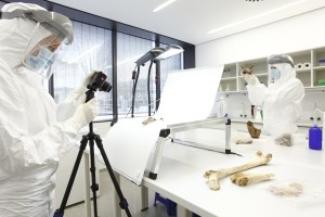 Scientists conducting palaeogenetic research in the ultra-clean laboratory at Mainz University (Thomas Hartmann)