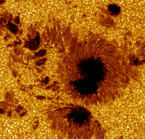 Large field-of-view image of sunspots. The image has been colored yellow for aesthetic reasons. (Royal Swedish Academy of Sciences)