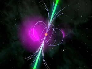 A gamma-ray pulsar is a compact neutron star that accelerates charged particles to speeds that are described only by the theory of relativity in a strong magentic field. The process produces gamma radiation seen in violet. (© NASA/Fermi/Cruz de Wilde)