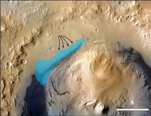 Artist's concept as to where water may have once flowed in ancient Gale Crater lake (NASA/JPL)