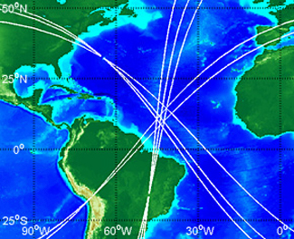 Using data produced by weak signals from three infrasound detections, the crisscrossing of the white lines in this image indicates a possible impact point of asteroid 2014 AA (Peter Brown/University of Western Ontario)