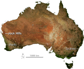 Location of the Jack Hills in Australia where the oldest piece of Earth's crust was found (NASA Earth Observatory)