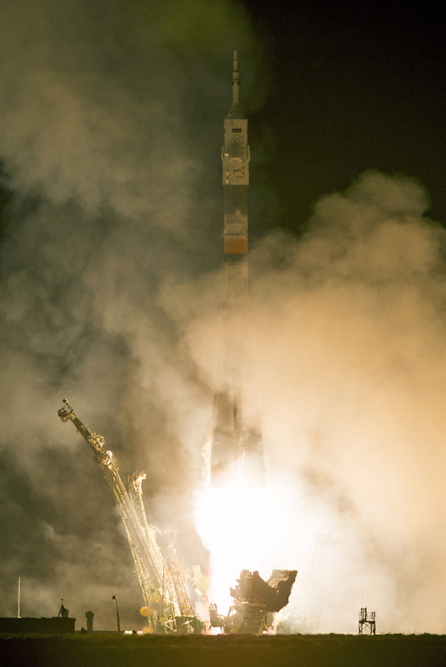The Expedition 39 Soyuz rocket takes off from the Baikonur Cosmodrome Wednesday, March 26, 2014, in Baikonur, Kazakhstan. (AP/NASA) 