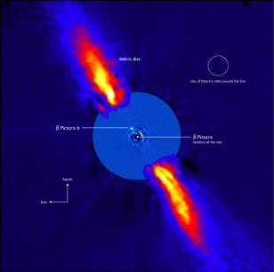 An annotated view of the Beta Pictoris system, including planet Beta Pictoris b as imaged in 2008 with special equipment mounted on ESO's Very Large Telescope (ESO via Creative Commons)