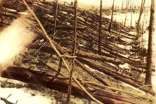 Trees were knocked down and burned over hundreds of square km by the Tunguska impact event. This image was taken in May 1929 during the Leonid Kulik expedition (Leonid Kulik/Wikimedia Commons)