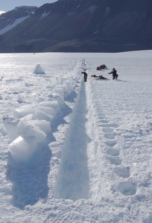 Ice sample trench at Antarctica's Taylor Glacier. Ice core samples from this site were analyzed with the Atom Trace Analysis technique at Argonne National Laboratory, Chicago. (Hinrich Schaefer/Oregon State University)