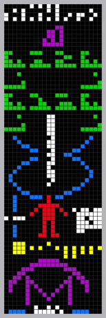 A colorized visualizaton of the Arecibo Message that was transmitted into space in 1974.  The transmission was directed to globular star cluster M13 some 25,000 light years away. (Arne Nordmann via Wikimedia Commons)