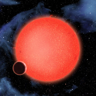 Artist concept of a super-Earth exoplanet GJ1214b orbiting its tiny red dwarf sun. Observations from the Hubble Space Telescope show that it is a waterworld enshrouded by a thick, steamy atmosphere. (NASA, ESA, and D. Aguilar/Harvard-Smithsonian Center for Astrophysics)