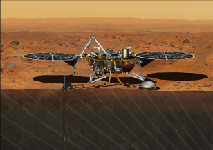 Artists rendering of InSight lander on Mars. Just under the spacecraft'sleft dish, you can also see the mission's heat-flow probe burrowed into the surface of the Red Planet. (NASA/JPL-Caltech)