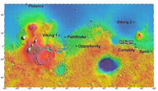 InSight mission officials have narrowed their spacecraft's landing site to four possible spots located close together in the Elysium Planitia region of Mars.  You can see InSight's possible landing site, labeled in white letters on this map.  Note the landing sites of other current and past Mars probes. (NASA/JPL-Caltech)