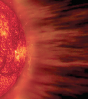 Computer generated image of the constant flow of solar wind streaming outward from the sun added to an actual image of the sun's chromosphere from NASA's Solar & Heliospheric Observatory - SOHO (NASA)