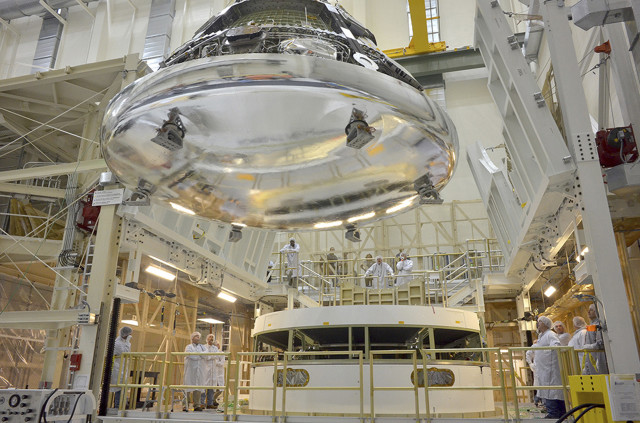 The Orion crew module for Exploration Flight Test-1 is seen at NASA's Kennedy Space Center, Florida