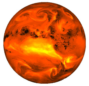 A color enhanced satellite image of upper tropospheric water vapor. (NASA)