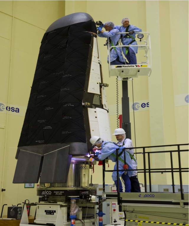 European Space Agency engineers are shown in this photo released on July 15, 2014, performing final tests on its Intermediate experimental Vehicle, IXV.  The engineers to make sure that the spacecraft can withstand the extreme conditions it will experience from liftoff to separation from its Vega rocket during its scheduled November 2014 launch. (© ESA)