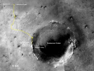 The gold line shows Opportunity's path of travel on Mars. The start point,its Eagle Crater landing site, is on the top left its current location after traveling a record setting 40.25 km is shown on the rim of Endeavour Crater. (NASA/JPL)