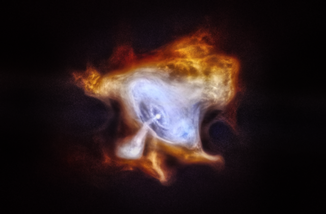 Here’s another the newly processed images NASA released on July 23, 2014 to celebrate Chandra’s 15th anniversary.  This is the Crab Nebula.  The new image shows lower-energy X-rays from Chandra – red, medium energy X-rays – green, and the highest-energy X-rays – blue.  (NASA)