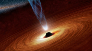 A black hole's corona is shown here in one artist's rendering as the white light at the base of a jet just outside the entrance to the black hole. (NASA/JPL)